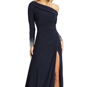 Mac Duggal Midnight Blue One-Shoulder Long Sleeve Sparkle Jersey Gown
